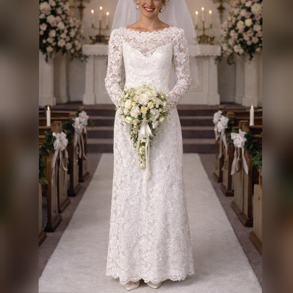 House of Bianchi Vintage 80s 90s White Alencon Lace Wedding Dress sz 6